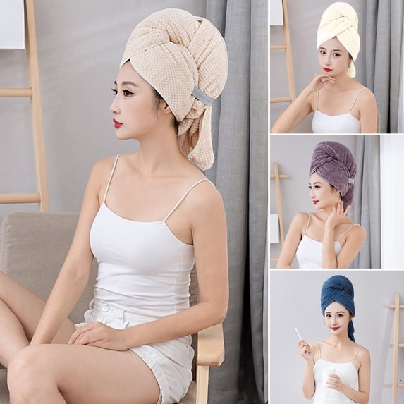Soumake Large Hair Towel Wrap with Elastic Strap Highly Water Absorption Super Soft Fast Drying Anti-Frizz Solid Color Hair Towel