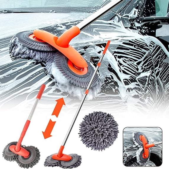 Soumake Long Handle Car Wash Brush Double Disc Design Detachable Reusable Windshield Window Microfiber Car Duster Dry Towel Cleaning Mop