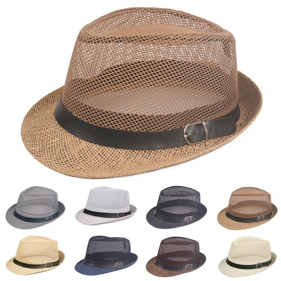 Soumake Men Fedora Wide Brim Mesh Spring Summer Pure Color Low-profile Sunshade Hat for Outdoor
