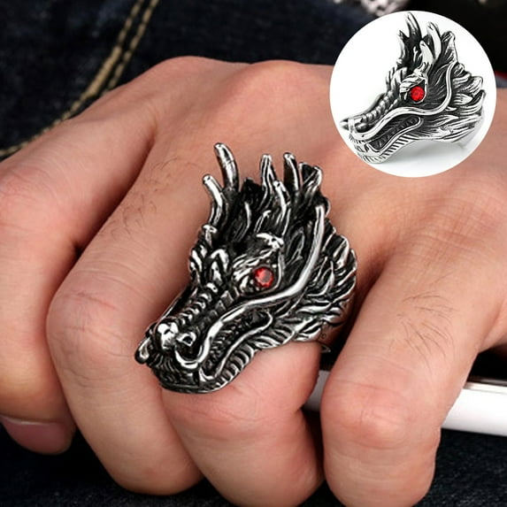 Soumake Punk Men Cubic Zirconia Inlaid Carved Dragon Head Finger Ring Party Jewelry Gift Fashion