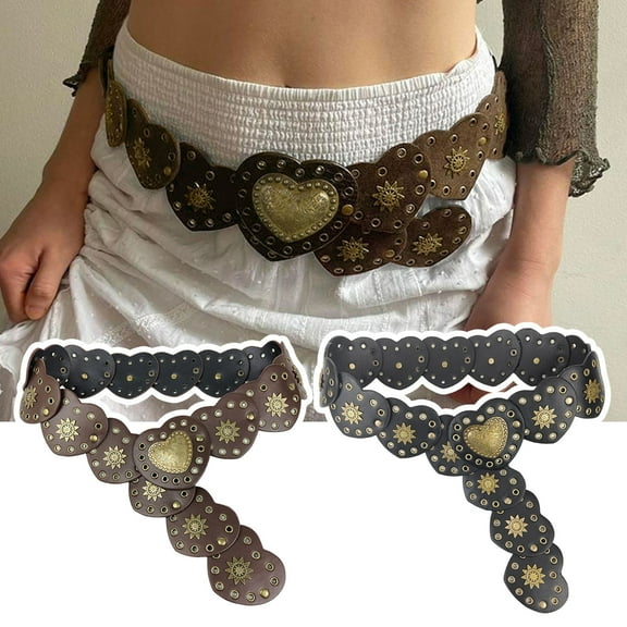 Soumake Retro Western Cowboy Belt Hollow Hole Metal Heart Stitching Waistband Solid Color Faux Leather Adjustable Belt Costume Accessories
