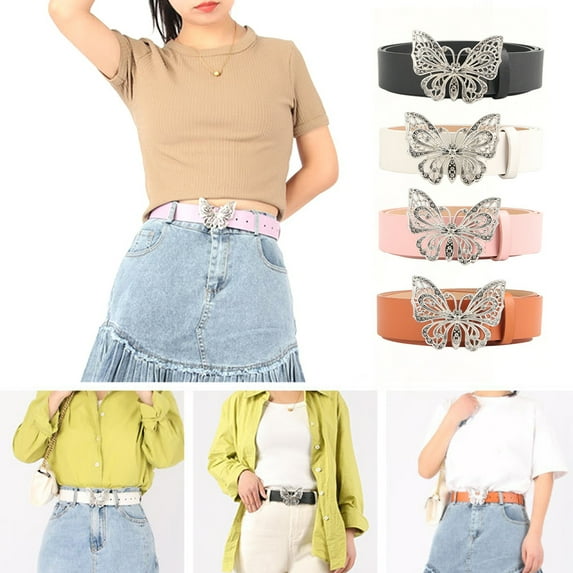 Soumake Rhinestones Butterflies Decor Belt Adjustable Length Multi Holes Design Women Waistband Solid Color Belt Costume Accessories