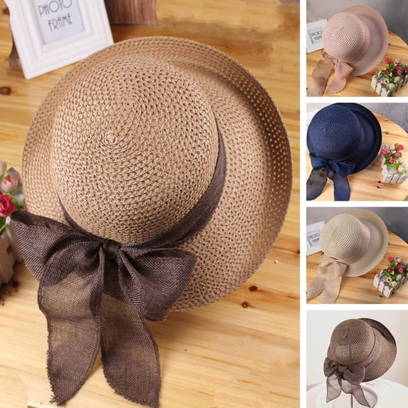 Soumake Ribbon Bowknot Decor Straw Hat Round Dome Solid Color Folding Women Big Brim Sunscreen Travel Hat Fashion Accessories Fashion