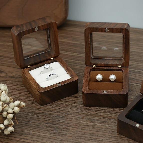 Soumake Ring Box Square Portable Wood Vintage Design Earring Box for Wedding