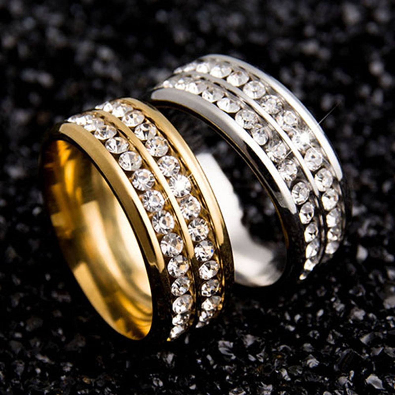Double Row Rhinestone Chain Soumake Ring Wide-Width Fadeless Titanium Steel Double Rows Rhinestone ...
