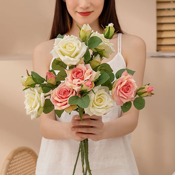 Soumake Simulation Flower Eco-friendly Realistic Looking Faux Silk Flower 2 Heads Artificial Rose Flower for Home