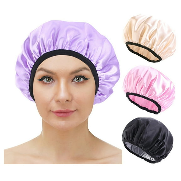 Soumake Sleep Bonnet Extra Large Solid Color Black Slim Band Elastic Shiny Headwear Soft Women Long Curly Hair Wrap Satin Hat Home Supplies