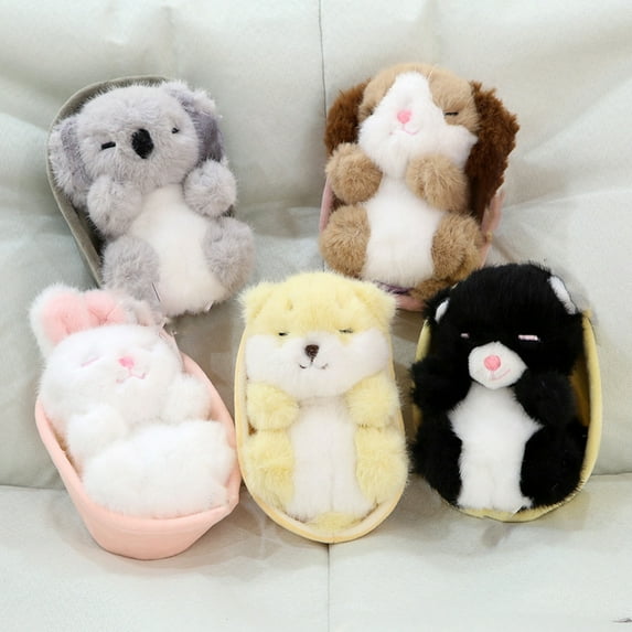 Soumake Sleeping Animal Plush Toy With Woven Basket Puppy Cat Bunny Plushie Stuffed Bear Koala Doll Home Office Bedroom Decoration Kids Adults Gift