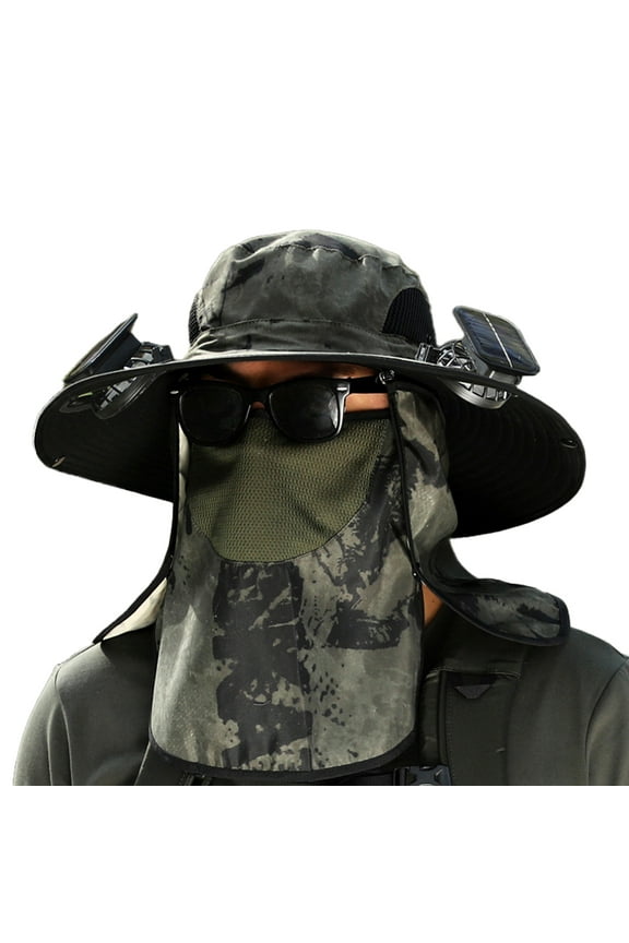 Solar Fan Hat with Neck Flap Face Guard Wide Brim UV Cooling Fan Fishing Hat Rechargeable Foldable Men Outdoor Fisherman Hiking Sun Hat