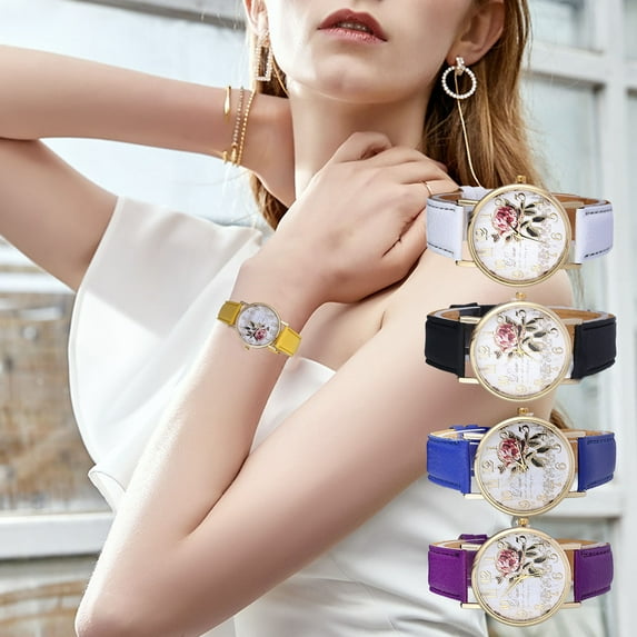 Soumake Stylish Women Rose Pattern Watch Classic Round Dial Faux Leather Strap Accurate Quartz Movement Wrist Watch Birthday Anniversary Gift Fashion
