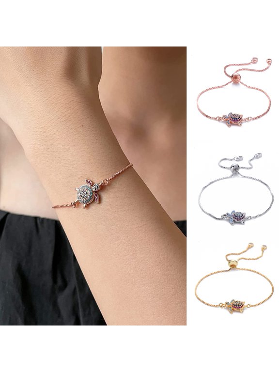 Turtle Bracelet Adjustable Shiny Colorful Rhinestones Sparkling Geometric Decorative Gift Women Girls Sea Turtle Bracelet Dainty Jewelry for Dating