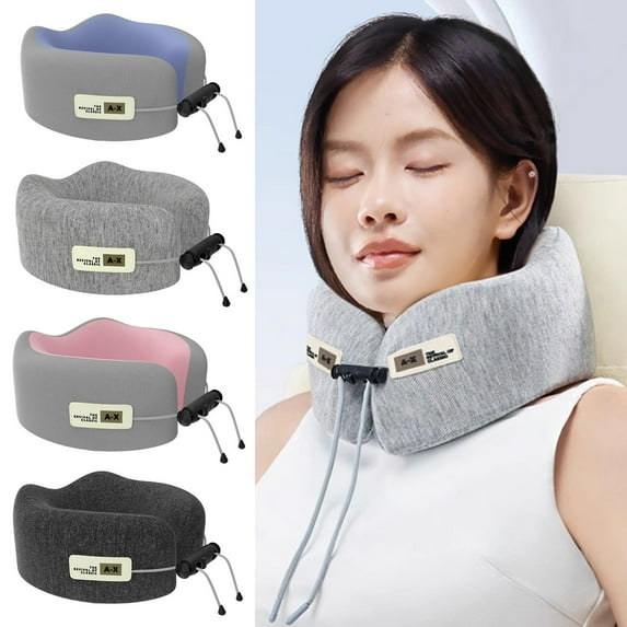 Soumake U-shaped Pillow Memory Foam Thick Elastic Slow Bounce Travel Neck Pillow Adjustable Deawstring Pain Relief Long Flight Neck Support Office Nap Pillow