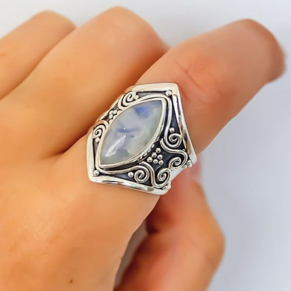 Soumake Unique Pattern Punk Retro Ring Good-looking Vintage Big Oval Faux Moonstone Ring Jewelry Accessories