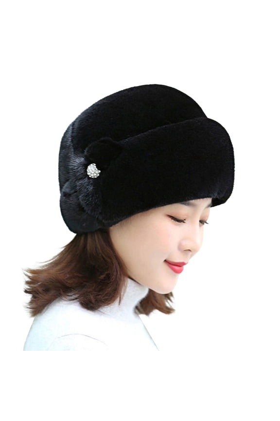 Winter Hat Russian Faux Rabbit Fur Flower Decor Thickened Luxury Keep Warm Solid Color Autumn Winter Thermal Middle-aged Women Cap for Outdoor