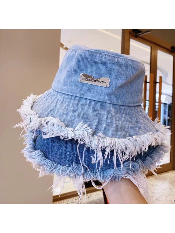 Women Bucket Hat Ripped Edge Flat Top Distressed Denim Large Brim Solid Color Tag Decor Lightweight Anti Uv Sun Fisherman Cap For Hiking Outings Traveling