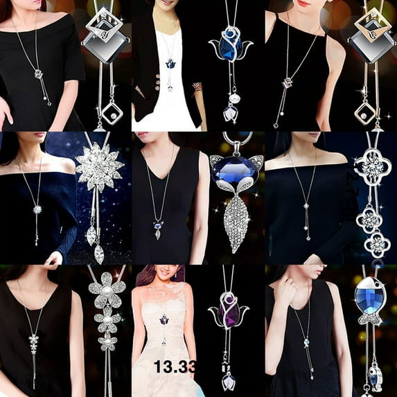 Soumake Women Necklace Shining Rhinestones Inlay Tulip/Rose Flower Swan/Bow Tassel Charms Dress-Up Multiple Styles Long Sweater Chain Party Dress Necklace Jewelry Gift Fashion