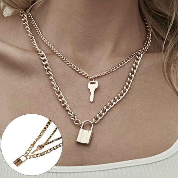 Soumake Women Necklace Smooth Two Layers Key And Lock Pendant Hollow Chain Retro Stainless Individual Clavical Necklace Neck Decoration Jewelry