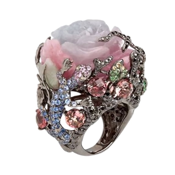 Soumake Women Party Jewelry Peony Flower Lizard Pattern Rhinestone Inlaid Ring Band Fashion