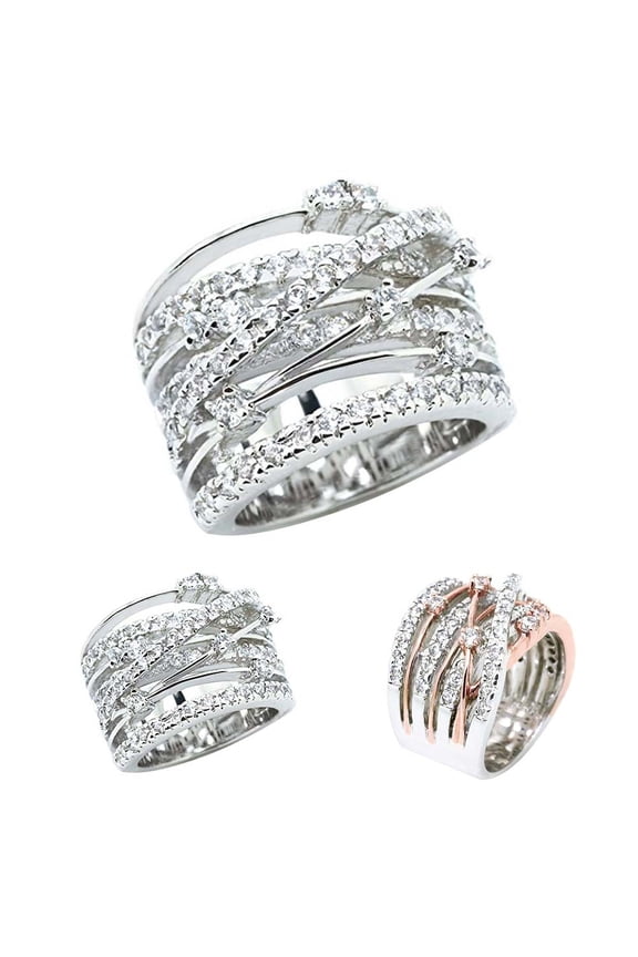 Women Rhinestone Inlaid Crossover Wide Band Finger Ring Wedding Jewelry Gift Fashion