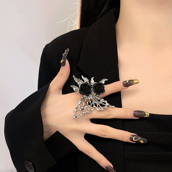 Soumake Women Ring Exaggerated Opening Gothic Punk Irregular Gift Rhinestone Hollow Butterflies Black Rose Finger Ring Fashion Jewelry
