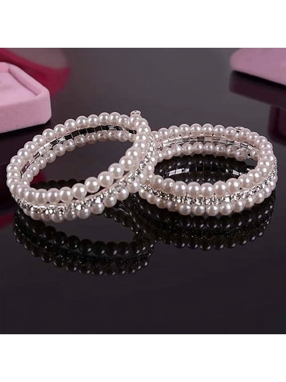 Women'S Fashion Elegant White Faux Pearls Rhinestone Stretch Bangle Bracelet Fashion