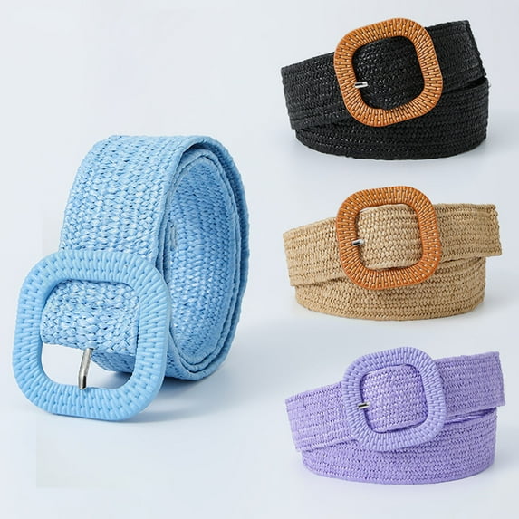 Soumake Women Straw Belt Smooth Buckle Adjustable Wide Band Solid Color Anti-Break Washable Elastic Shirt Dress Slim Wiast Strap