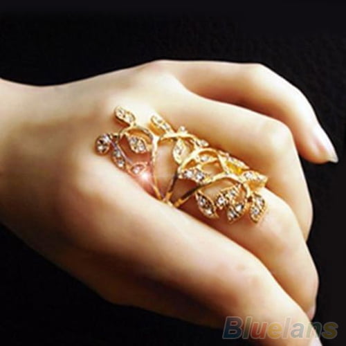 Soumake Women's Fashion Shiny Rhinestone Hollow Leaf Joint Armor Knuckle Ring Jewelry