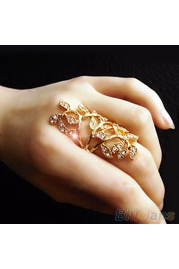 Women's Fashion Shiny Rhinestone Hollow Leaf Joint Armor Knuckle Ring Jewelry