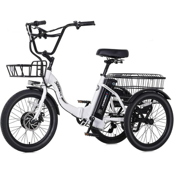 Soumye Electric Tricycle for Adults,20" Folding Electric Trike,3 Wheels Electric Bicycle Bikes, 350W Step-Thru Etrike with 374WH Removable Battery and Large Basket for Women Men