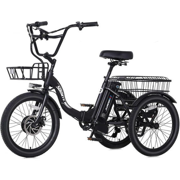 Soumye Electric Tricycle for Adults,20" Folding Electric Trike,3 Wheels Electric Bicycle Bikes, 350W Step-Thru Etrike with 374WH Removable Battery and Large Basket for Women Men