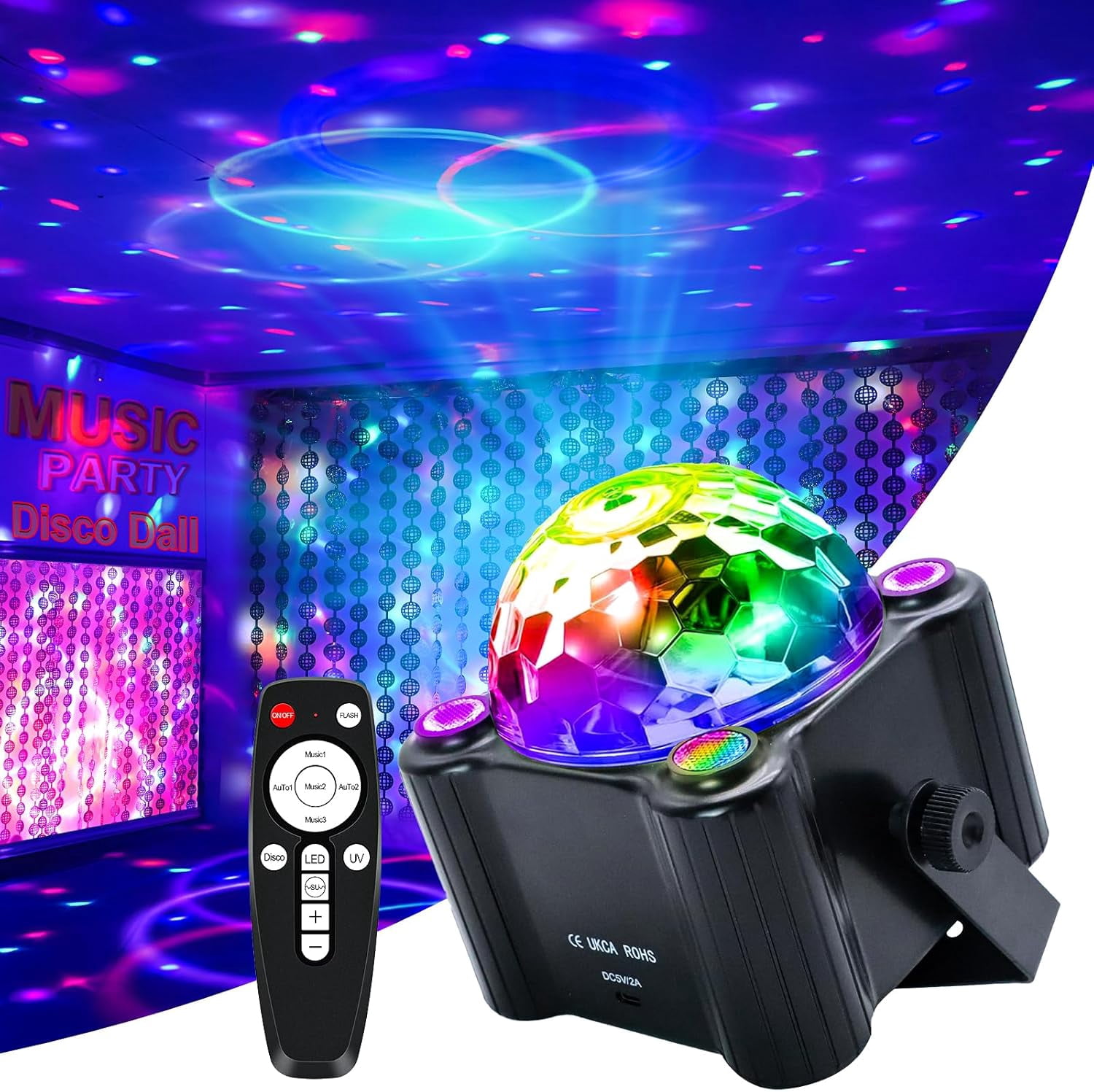 Sound Activated Disco Party Lights, DJ Ball Light with Remote, Strobe Stage Lighting Lamp for Indoor Outdoor Home Room Dance Birthday Karaoke Halloween Christmas Show Club Decoration