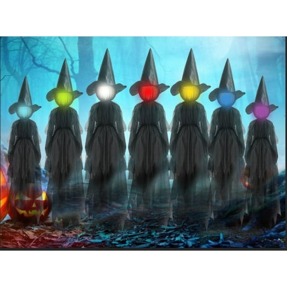Sound Activated Glowing Witches Holding Hands - Voice Control Activated Outdoor Halloween Decor with Spooky Lights and Sounds, 5-Foot Fabric Witch Decoration for Yard, Requires 3 AAA Batteries