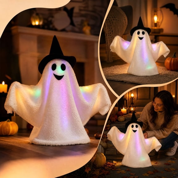 Sound Activated LED Swinging Ghost Decor Witch Hat Animated Halloween Standing Plush Ornament