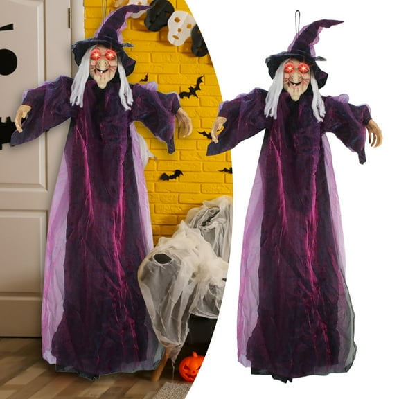 Sound Activated Screaming Glowing Purple Witch Hanging Decoration Halloween Prop With Red Led Eyes And Motion Sensor Hangs Home Decor