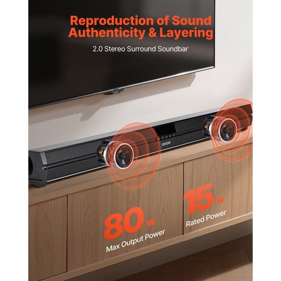 Sound Bar for Smart TV,2.0 Channel,32-"Compact Soundbar TV Speakers for Projector,Bluetooth AUX Connection,Remote Control,Easy Setup,80W Surround Sound System for PC Home Theater Audio