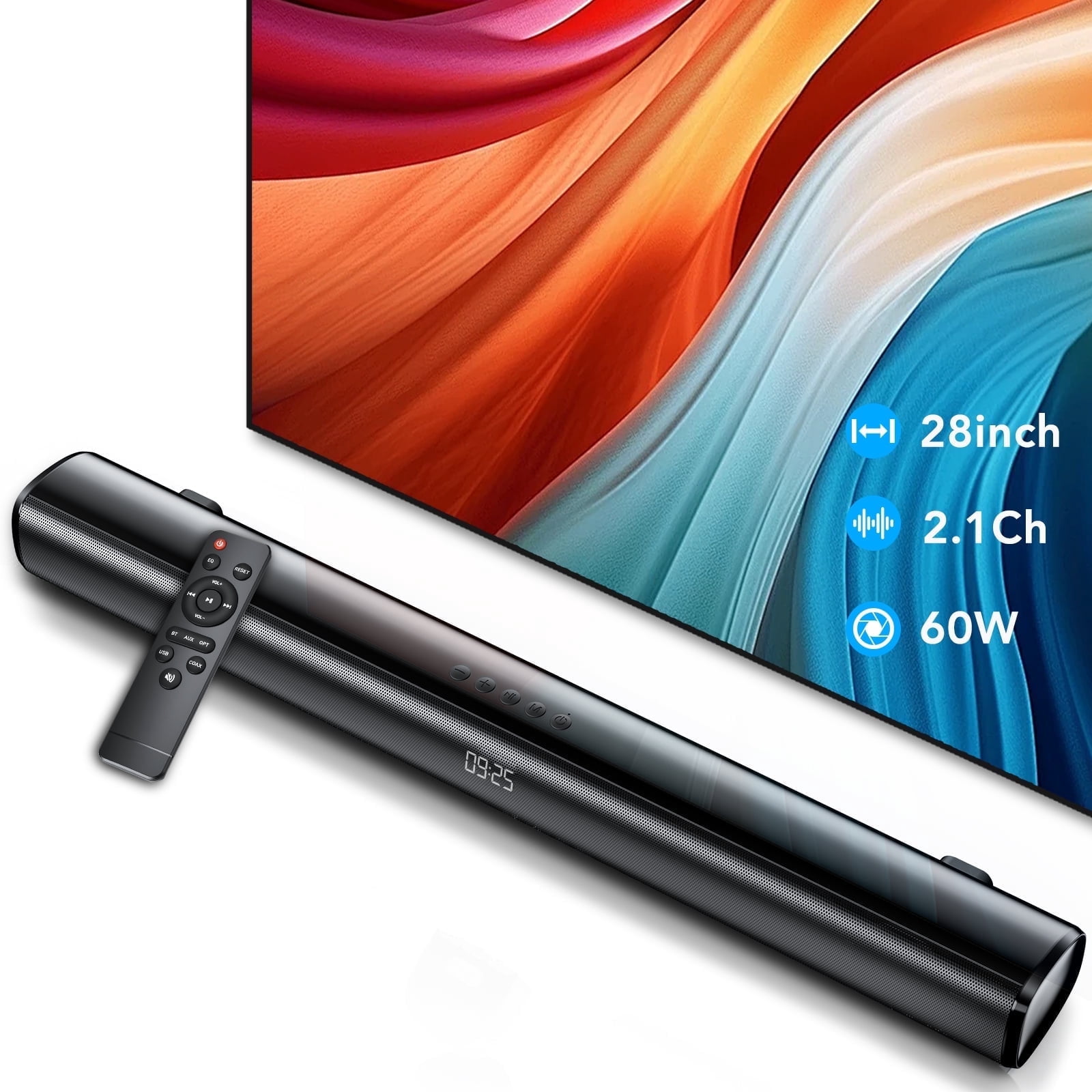 Sound Bar for TV, 60W Soundbar TV Speakers, 2.1 ch Home Theater with Subwoofer Boost, 3 Equalizer Modes, Soundbar for TV/PC/Gaming/Projectors, Bluetooth, OPT, COX, USB & AUX Wall Mountable