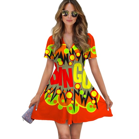Sound Effect -Bingo! Women Dress V-Neck Short Sleeve Flowy Swing Party Midi Dress