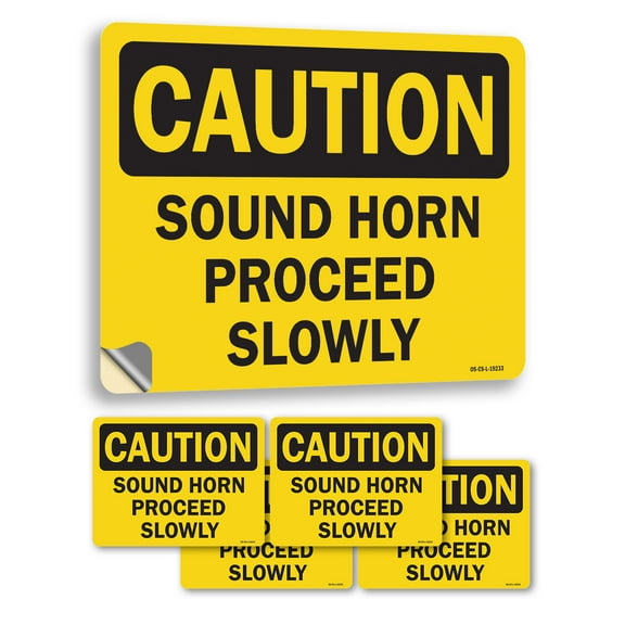 Sound Horn Proceed Slowly OSHA Caution Vinyl Decal Label 14 Inch x 10 Inch - 5 Pack