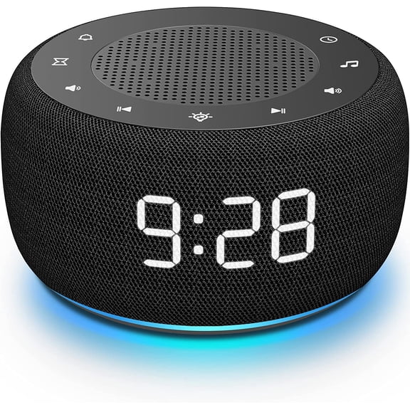 Sound Machine & Alarm Clock 2-in-1, 0-100% Face Brightness, Bottom Colored Light, Sleep Timer, Precise 30-Level Volume Control White Noise