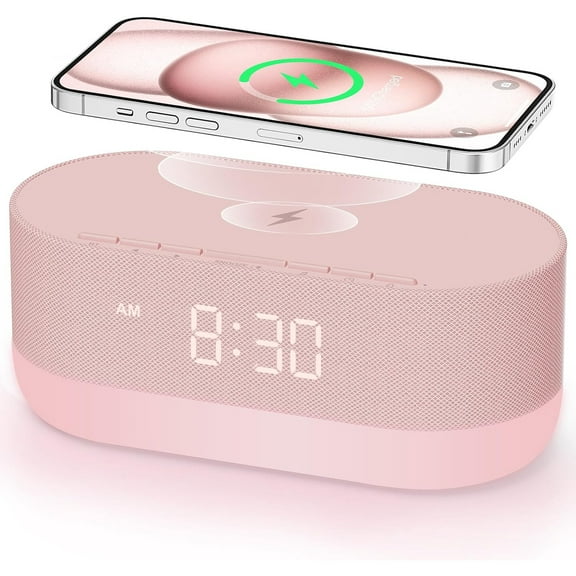 Sound Machine with Alarm Clock for Bedrooms, Dual Speakers, 21 HiFi Sounds, 10W Wireless Charger, Unlimited Sound, Bluetooth, 10 Night Light, White Noise Machine for Sleeping, Pink