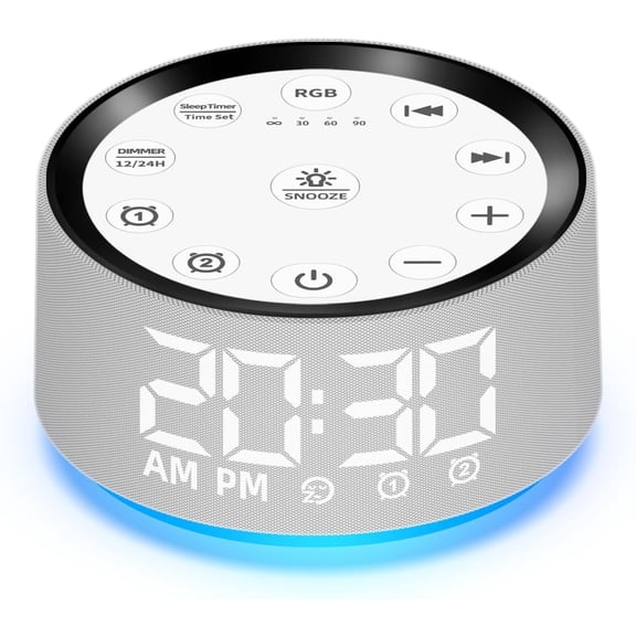 Sound Machine White Brown Noise with 30 Sleeping Sounds for Baby Kids Adults Night Light Bedroom Alarm Clock 2 Alarms Backup Battery 32-Level Vol 15 Wake up Mild Heavy Sleeper