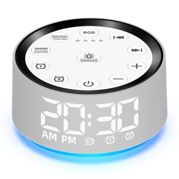 Sound Machine White Brown Noise Machine with 30 Sleeping Sounds for Baby Kids Adults Night Light Bedroom Alarm Clock 2 Alarms Backup Battery 32-Level Vol 15 Wake up Sounds for Mild Heavy Sleeper
