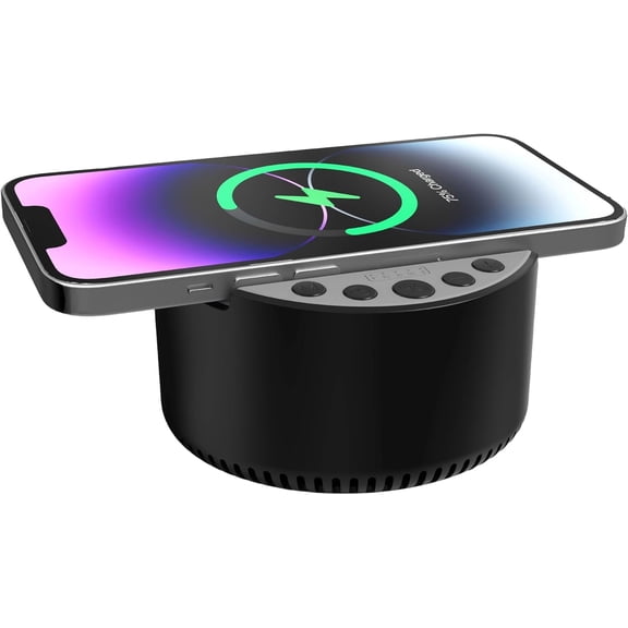 Sound Machine, White Noise Machine with Wireless Charger & BT Speaker, Memory Function, 6 Soothing Sounds, 3 Timers Modes, for Baby Kids Adult & Home Bedroom Office Travel, Black