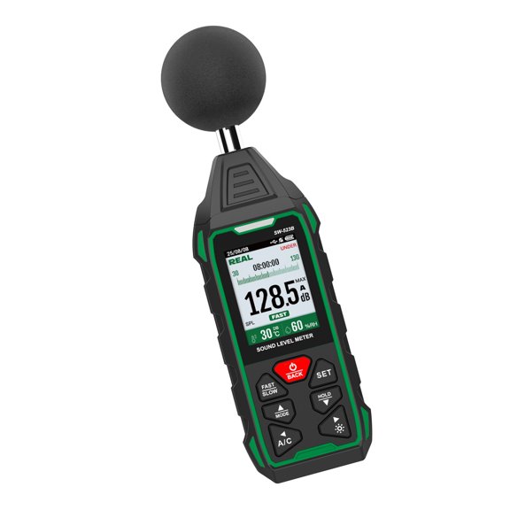 Sound Meter with Temperature Humidity Display, 30 to 130 Decibel Reading, Fast Slow Response, Alert Reminder Support