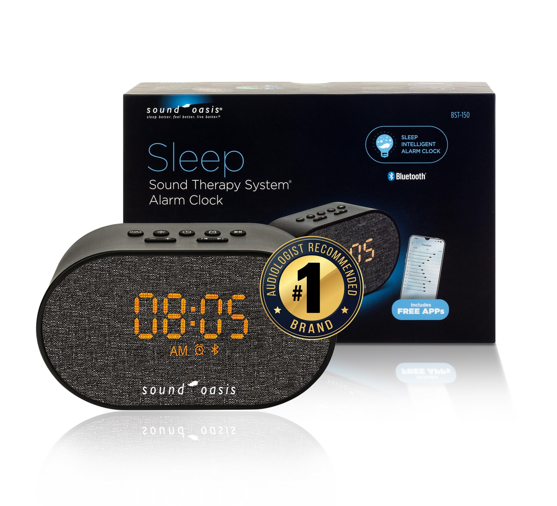 Sound Oasis® Bluetooth® Sleep Sound Therapy System® Alarm Clock - Sleep Better, Manage and Mask Tinnitus, 30 Built-in Sounds, Sleep-Friendly Lighting, Travel Friendly (BST-150)