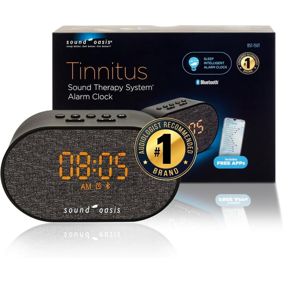 Sound Oasis Bluetooth Tinnitus Sound Therapy System Alarm Clock - Sleep Better, Manage and Mask Tinnitus, 30 Built-in Sounds for Tinnitus Relief, Sleep-Friendly Lighting, Travel Friendly (BST-150T)
