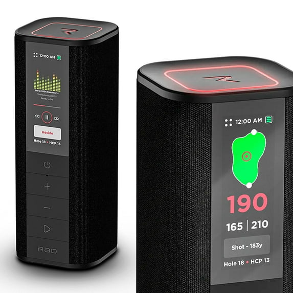 Rad Golf Sound Pro Black GPS speaker with voice scoring, touchscreen, magnetic mount, and IPX7 waterproof