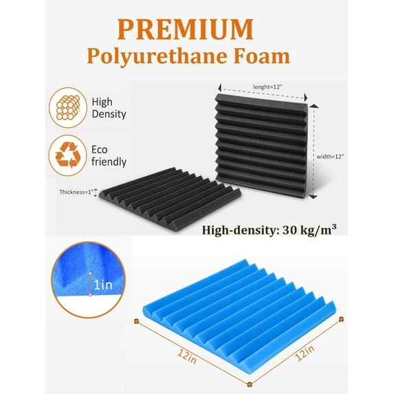 Sound Proof Foam Panels 48 Pack Acoustic Sound Absorbing Wall Panels 1" X 12" X 12" Fire-Proofed High Density Sound Dampening for Room Studio