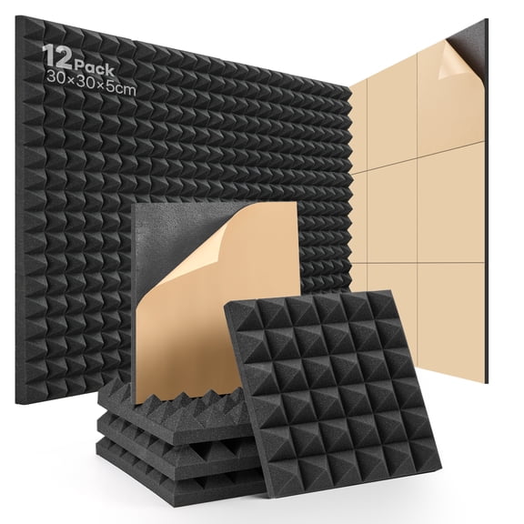 Acoustic Foam Panels Self-Adhesive, 12 Pack Sound Proof Foam Panels for Walls High Density, 12" X 12" X 2" Soundproof Wall Panels for Recording & Home Studio Ready