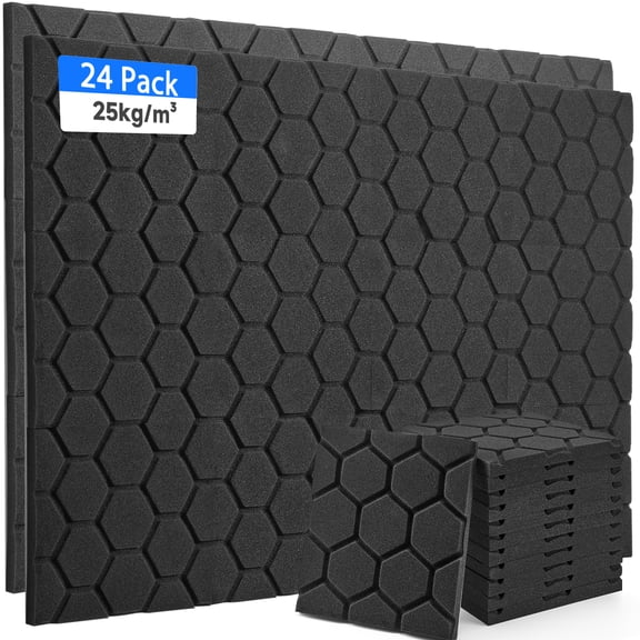 Sound Proof Foam Panels, Soundsbay Acoustic Panels Sound Absorbing High Density Fire Resistant, 24 Pack Soundproof Wall Panels for Home Studio, with 60pcs Double-Side Adhesive, 12" X 12" X 0.9"